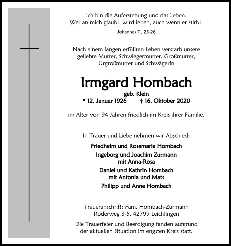  Traueranzeige für Irmgard Rombach vom 24.10.2020 aus Kölner Stadt-Anzeiger / Kölnische Rundschau / Express
