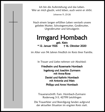 Anzeige von Irmgard Rombach von Kölner Stadt-Anzeiger / Kölnische Rundschau / Express