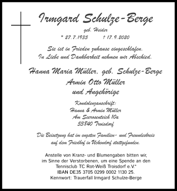 Anzeige von Irmgard Schulze-Berge von Kölner Stadt-Anzeiger / Kölnische Rundschau / Express