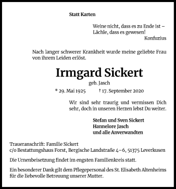 Anzeige von Irmgard Sickert von Kölner Stadt-Anzeiger / Kölnische Rundschau / Express