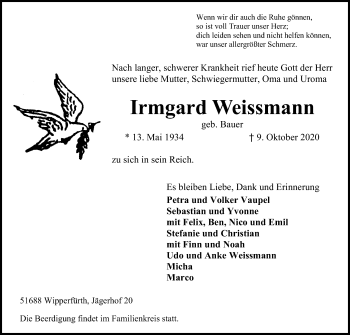 Anzeige von Irmgard Weissmann von Kölner Stadt-Anzeiger / Kölnische Rundschau / Express
