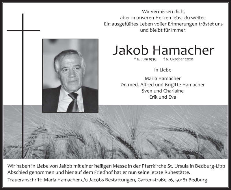  Traueranzeige für Jakob Hamacher vom 16.10.2020 aus  Werbepost 