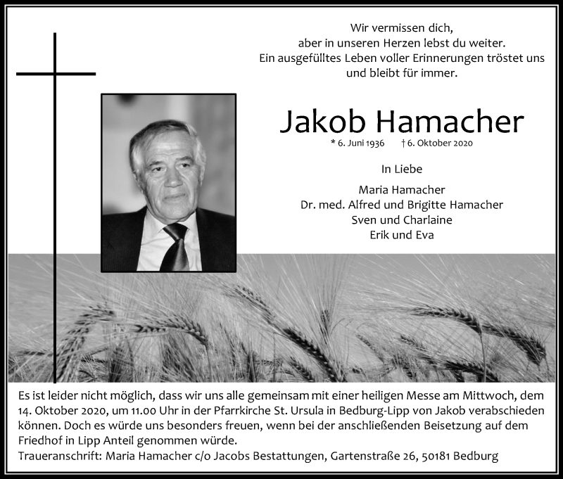  Traueranzeige für Jakob Hamacher vom 10.10.2020 aus Kölner Stadt-Anzeiger / Kölnische Rundschau / Express