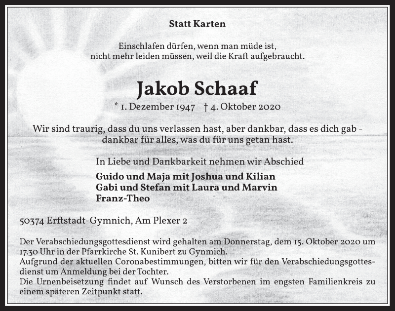  Traueranzeige für Jakob Schaaf vom 09.10.2020 aus  Werbepost 