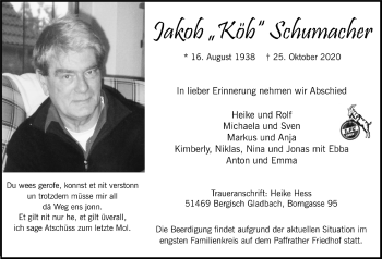 Anzeige von Jakob Schumacher von  Bergisches Handelsblatt 