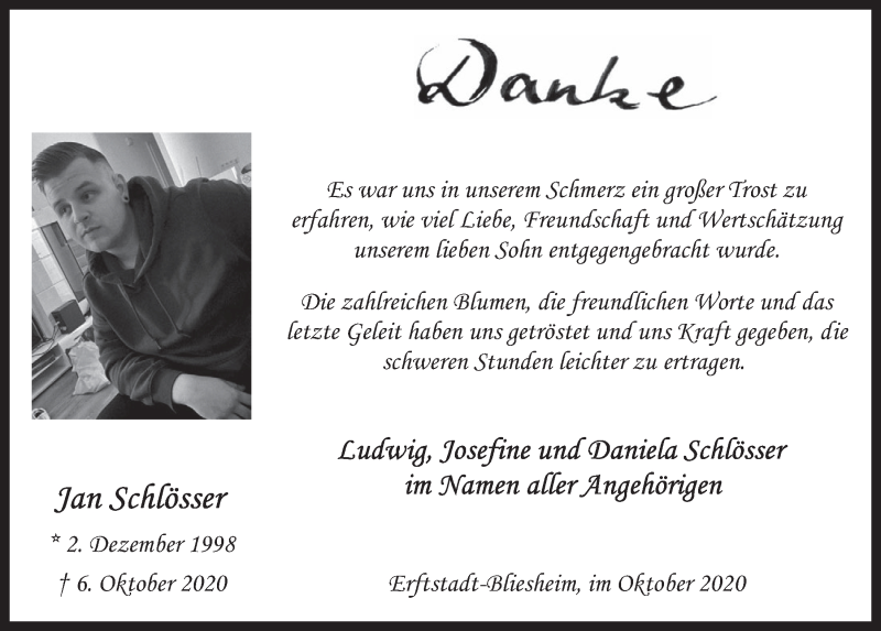  Traueranzeige für Jan Schlösser vom 30.10.2020 aus  Werbepost 