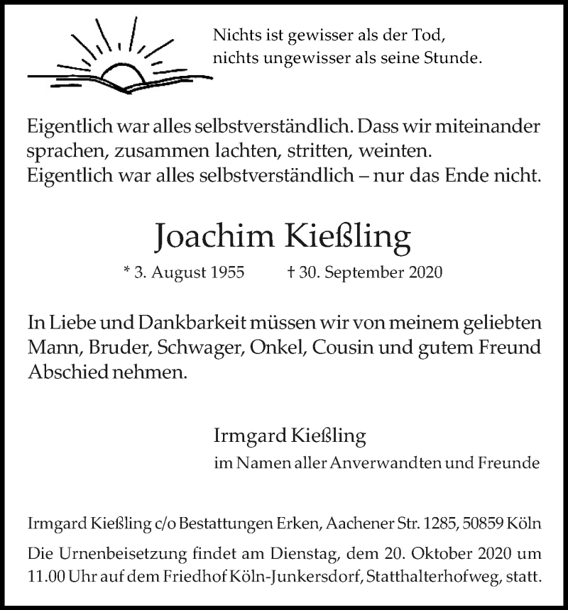  Traueranzeige für Joachim Kießling vom 10.10.2020 aus Kölner Stadt-Anzeiger / Kölnische Rundschau / Express