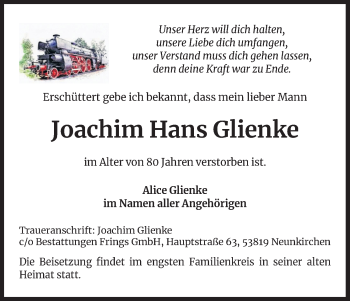 Anzeige von Joachim Hans Glienke von Kölner Stadt-Anzeiger / Kölnische Rundschau / Express