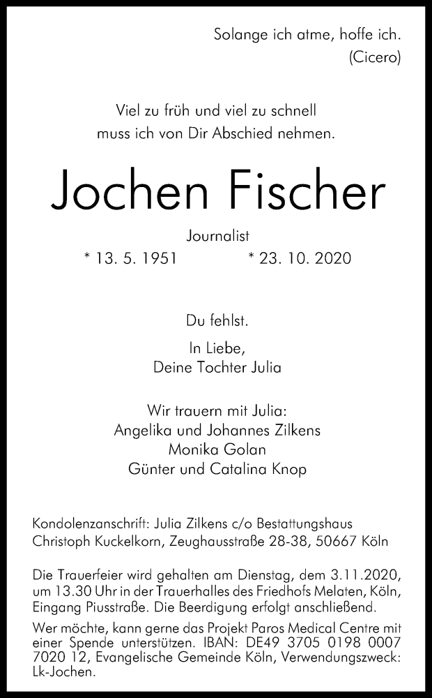  Traueranzeige für Jochen Fischer vom 31.10.2020 aus Kölner Stadt-Anzeiger / Kölnische Rundschau / Express