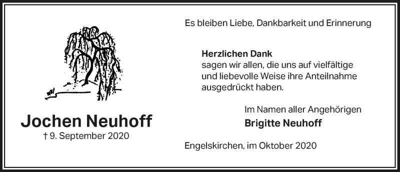  Traueranzeige für Jochen Neuhoff vom 16.10.2020 aus  Anzeigen Echo 
