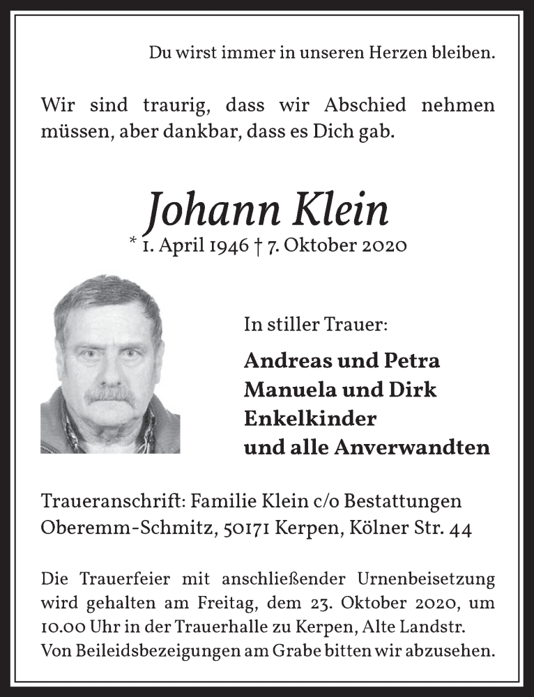 Traueranzeige für Johann Klan vom 16.10.2020 aus  Werbepost 