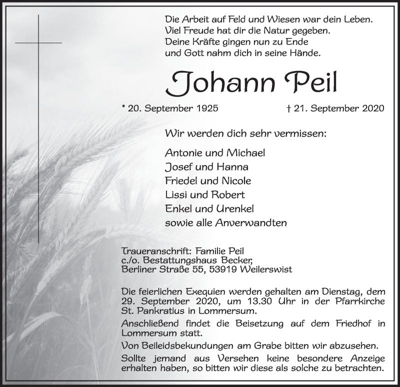  Traueranzeige für Johann Peil vom 26.09.2020 aus  Blickpunkt Euskirchen 