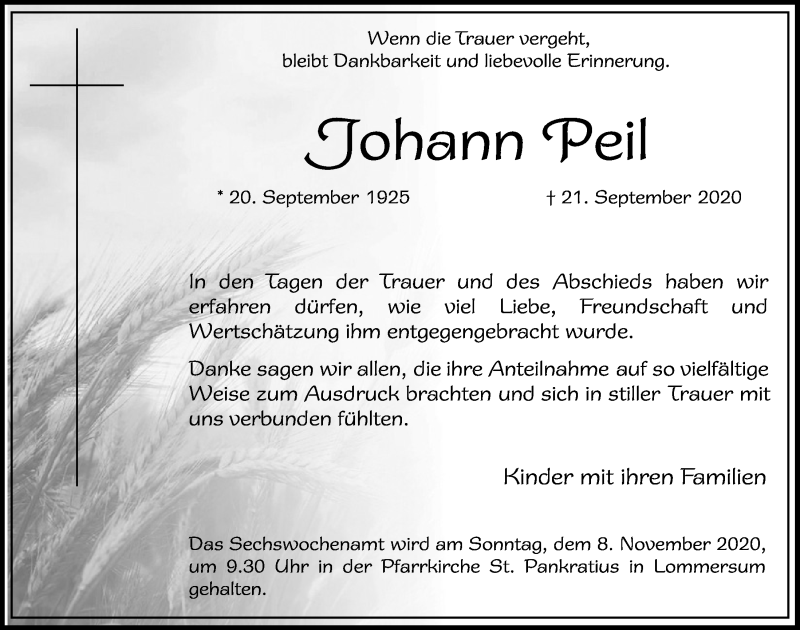  Traueranzeige für Johann Peil vom 17.10.2020 aus  Blickpunkt Euskirchen 