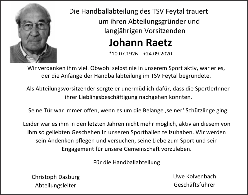  Traueranzeige für Johann Raetz vom 17.10.2020 aus  Blickpunkt Euskirchen 