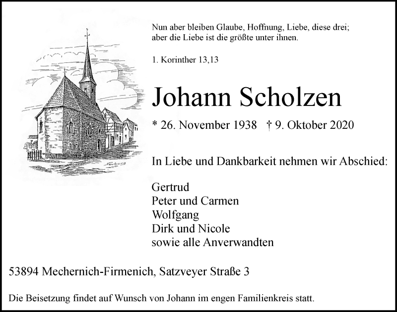  Traueranzeige für Johann Scholzen vom 17.10.2020 aus  Blickpunkt Euskirchen 