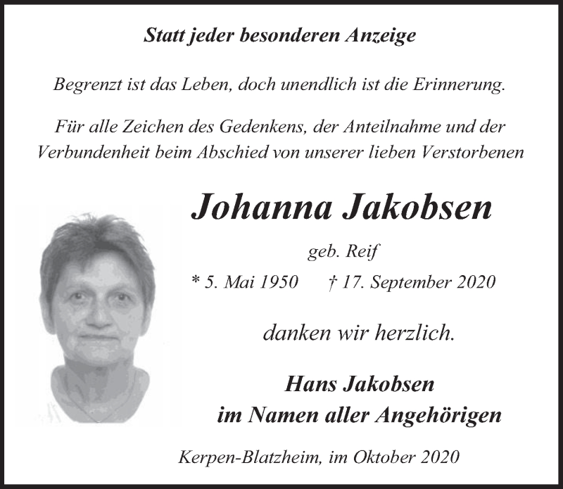  Traueranzeige für Johanna Jakobsen vom 30.10.2020 aus  Werbepost 