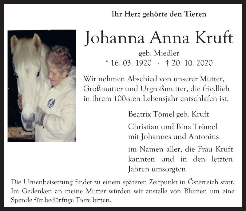  Traueranzeige für Johanna Anna Kruft vom 24.10.2020 aus Kölner Stadt-Anzeiger / Kölnische Rundschau / Express