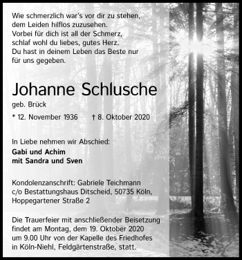 Anzeige von Johanne Schlusche von Kölner Stadt-Anzeiger / Kölnische Rundschau / Express
