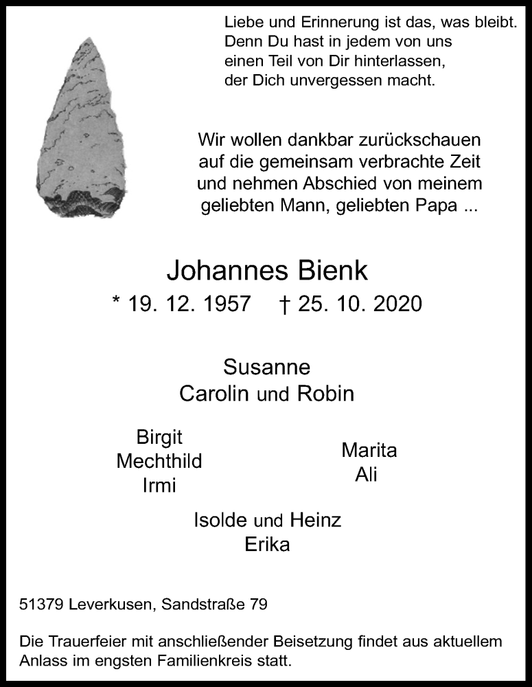  Traueranzeige für Johannes Bienk vom 31.10.2020 aus Kölner Stadt-Anzeiger / Kölnische Rundschau / Express