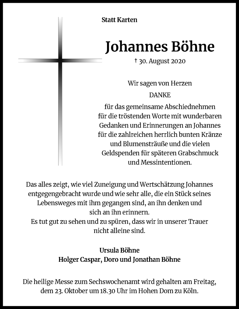  Traueranzeige für Johannes Böhne vom 17.10.2020 aus Kölner Stadt-Anzeiger / Kölnische Rundschau / Express