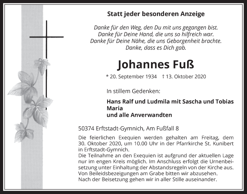  Traueranzeige für Johannes Fuß vom 23.10.2020 aus  Werbepost 