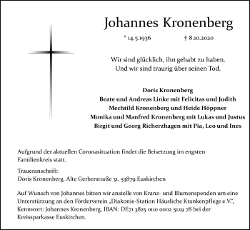 Anzeige von Johannes Kronenberg von Kölner Stadt-Anzeiger / Kölnische Rundschau / Express