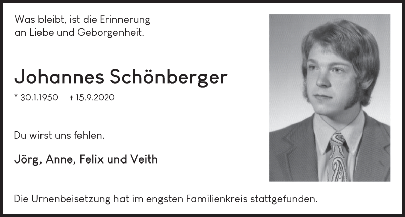  Traueranzeige für Johannes Schönberger vom 26.09.2020 aus  Blickpunkt Euskirchen 