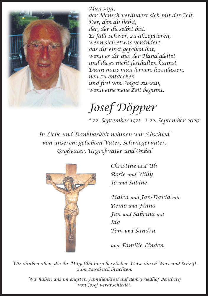  Traueranzeige für Josef Döpper vom 03.10.2020 aus Kölner Stadt-Anzeiger / Kölnische Rundschau / Express