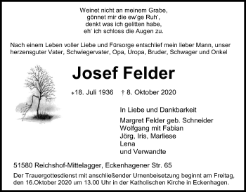 Anzeige von Josef Felder von Kölner Stadt-Anzeiger / Kölnische Rundschau / Express