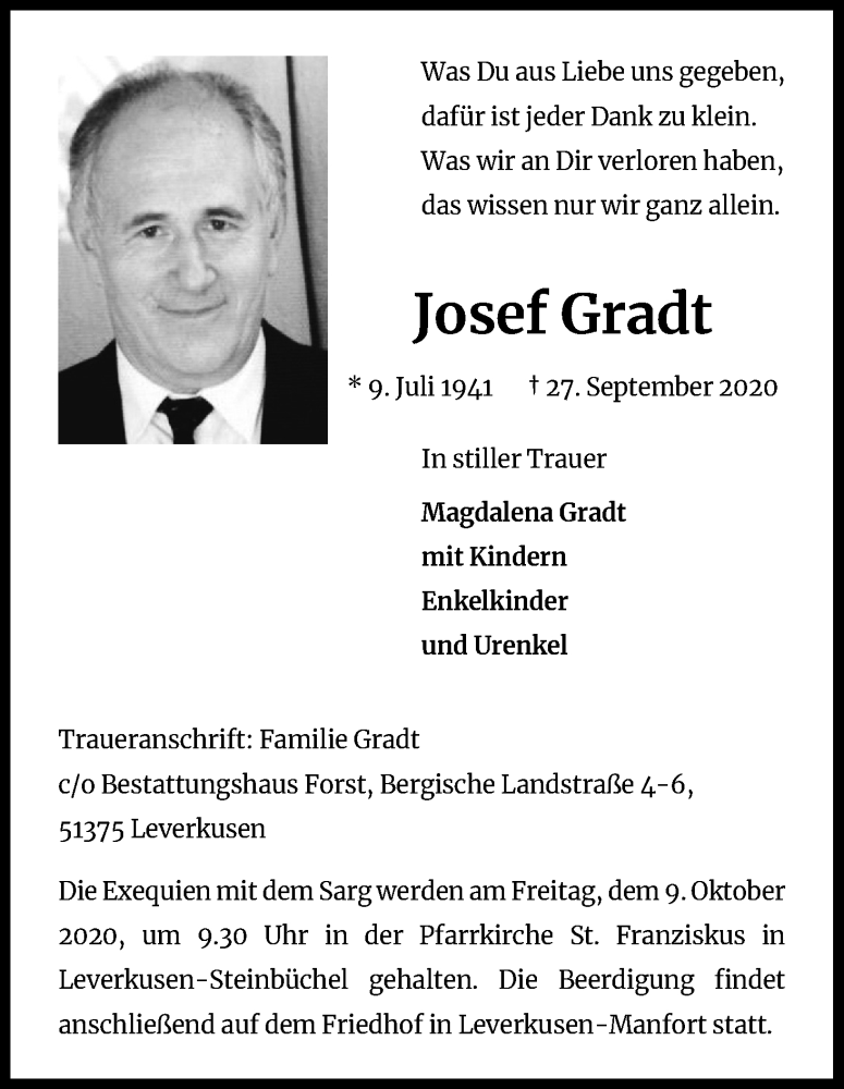  Traueranzeige für Josef Gradt vom 06.10.2020 aus Kölner Stadt-Anzeiger / Kölnische Rundschau / Express