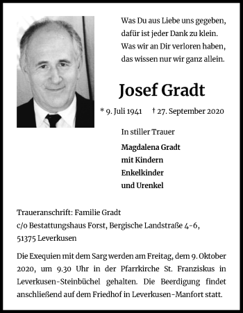 Anzeige von Josef Gradt von Kölner Stadt-Anzeiger / Kölnische Rundschau / Express