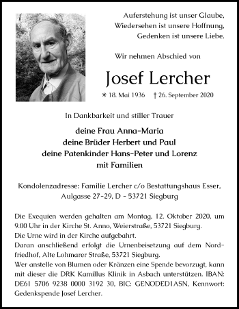 Anzeige von Josef Lercher von Kölner Stadt-Anzeiger / Kölnische Rundschau / Express
