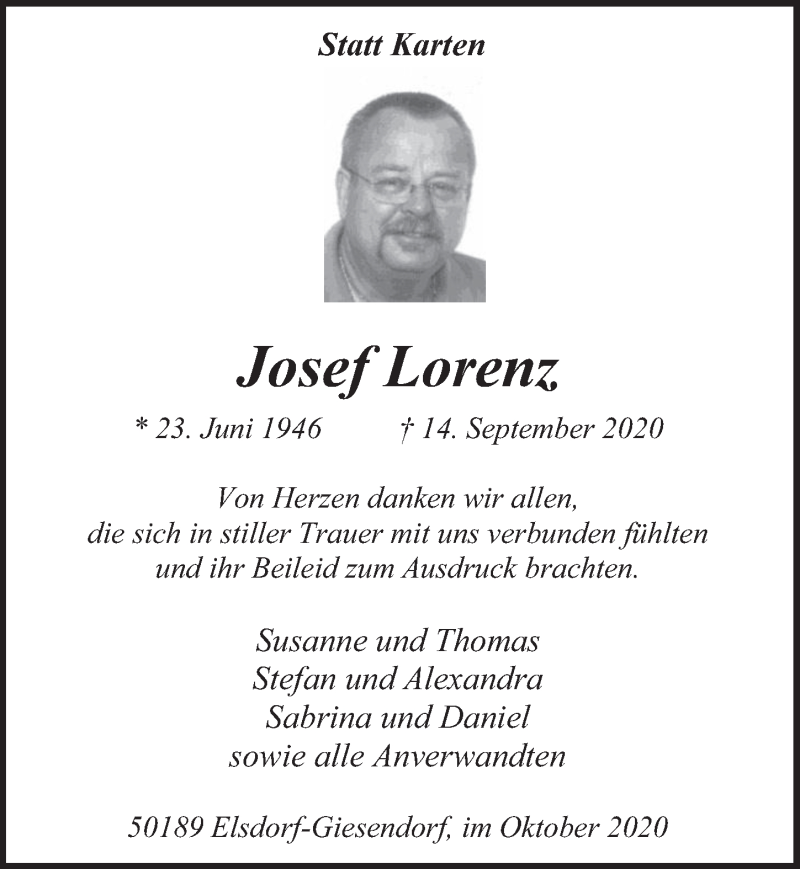  Traueranzeige für Josef Lorenz vom 23.10.2020 aus  Werbepost 