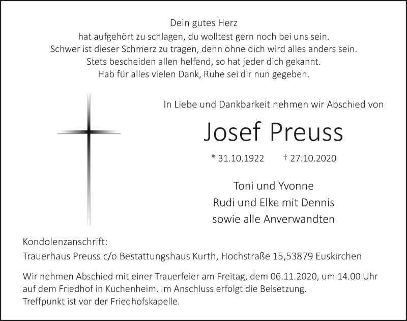  Traueranzeige für Josef Preuss vom 31.10.2020 aus  Blickpunkt Euskirchen 