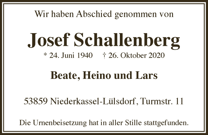  Traueranzeige für Josef Schallenberg vom 30.10.2020 aus  Extra Blatt 