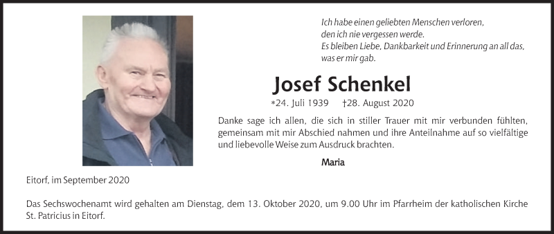  Traueranzeige für Josef Schenkel vom 03.10.2020 aus Kölner Stadt-Anzeiger / Kölnische Rundschau / Express
