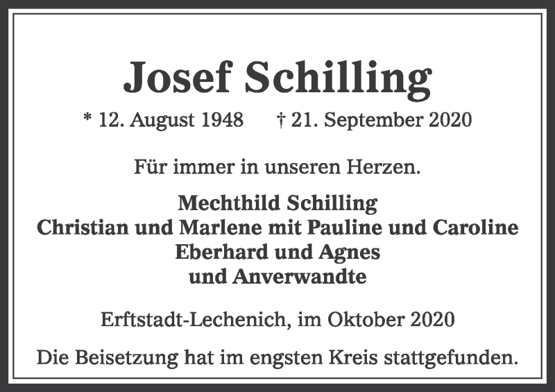  Traueranzeige für Josef Schilling vom 30.10.2020 aus  Werbepost 