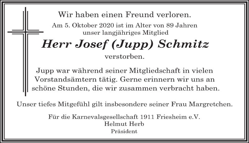  Traueranzeige für Josef Schmitz vom 16.10.2020 aus  Werbepost 