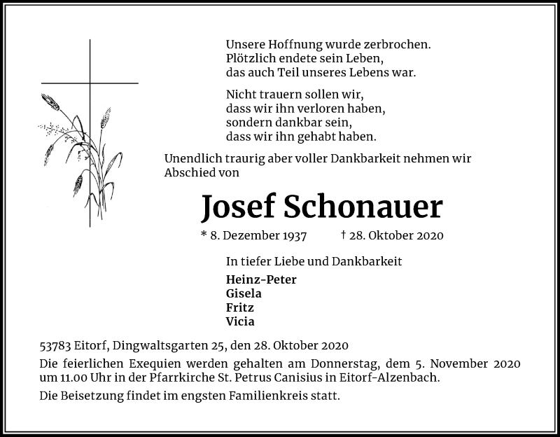  Traueranzeige für Josef Schonauer vom 31.10.2020 aus Kölner Stadt-Anzeiger / Kölnische Rundschau / Express
