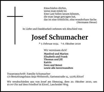 Anzeige von Josef Schumacher von Kölner Stadt-Anzeiger / Kölnische Rundschau / Express