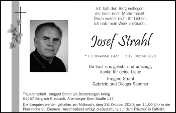 Anzeige von Josef Strahl von  Bergisches Handelsblatt 