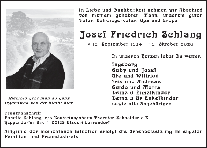  Traueranzeige für Josef Friedrich Schlang vom 16.10.2020 aus  Werbepost 