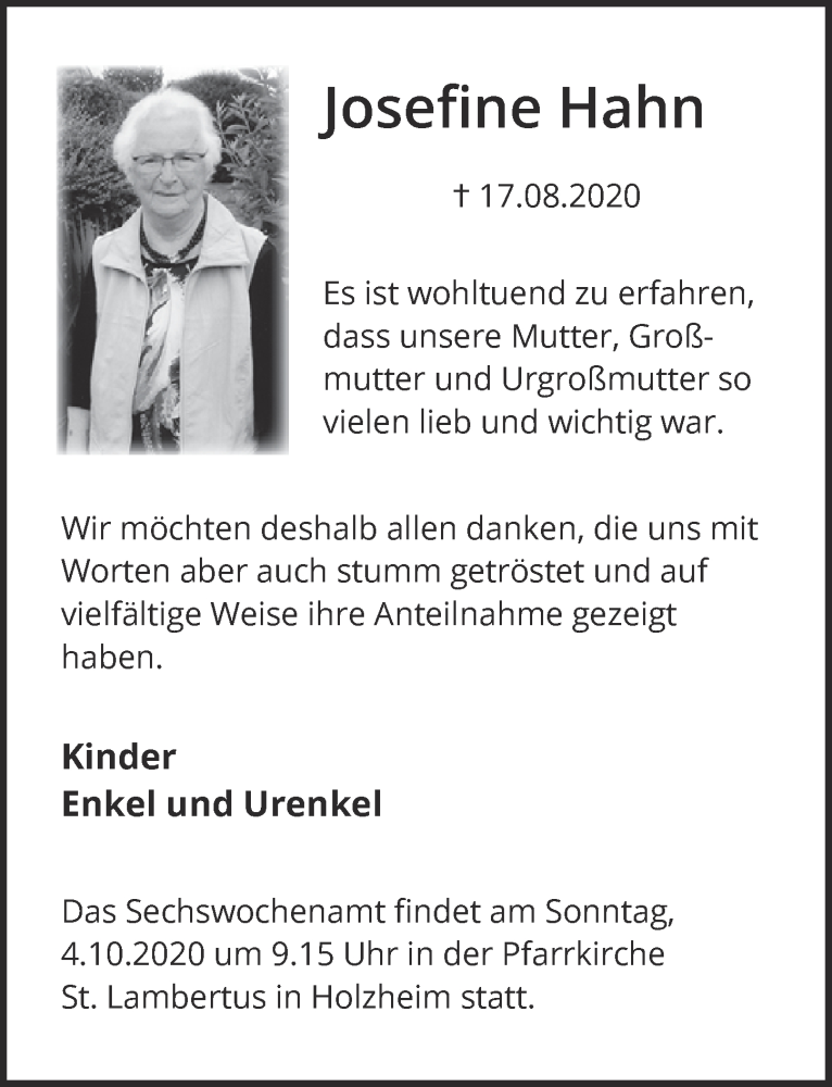  Traueranzeige für Josefine Hahn vom 26.09.2020 aus  Blickpunkt Euskirchen 