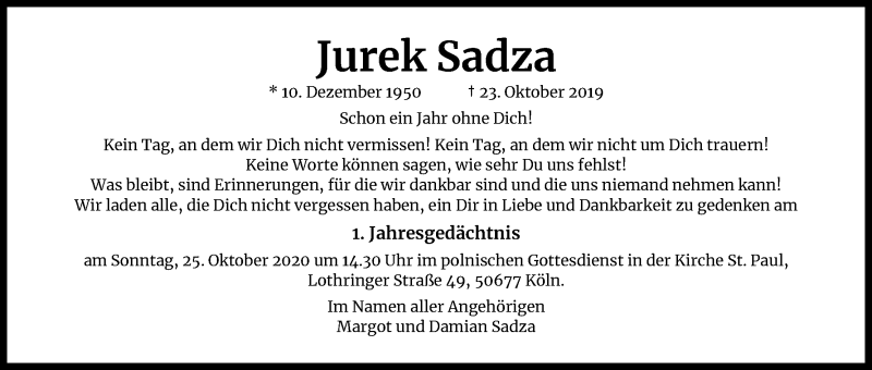  Traueranzeige für Jurek Sadza vom 17.10.2020 aus Kölner Stadt-Anzeiger / Kölnische Rundschau / Express