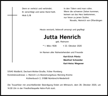 Anzeige von Jutta Henrich von Kölner Stadt-Anzeiger / Kölnische Rundschau / Express
