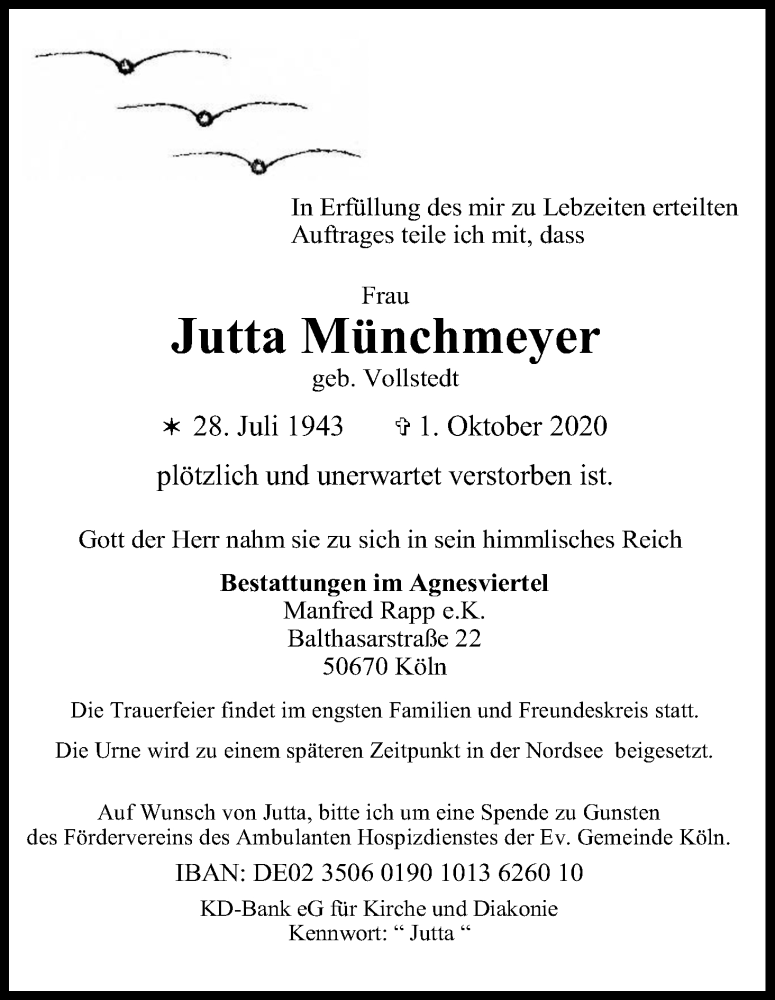  Traueranzeige für Jutta Münchmeyer vom 10.10.2020 aus Kölner Stadt-Anzeiger / Kölnische Rundschau / Express