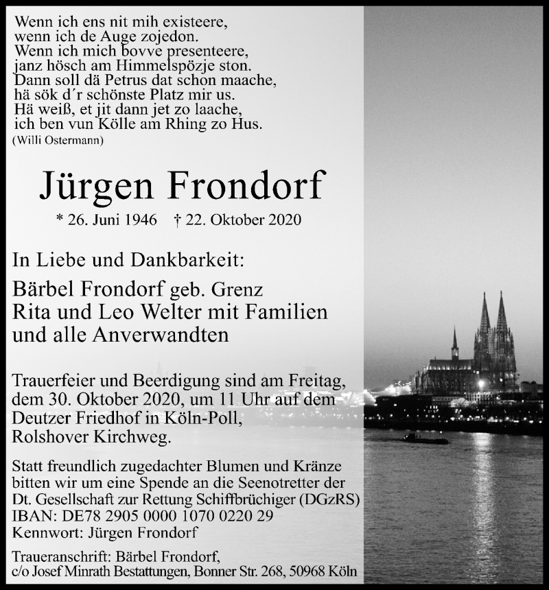  Traueranzeige für Jürgen Frondorf vom 28.10.2020 aus Kölner Stadt-Anzeiger / Kölnische Rundschau / Express