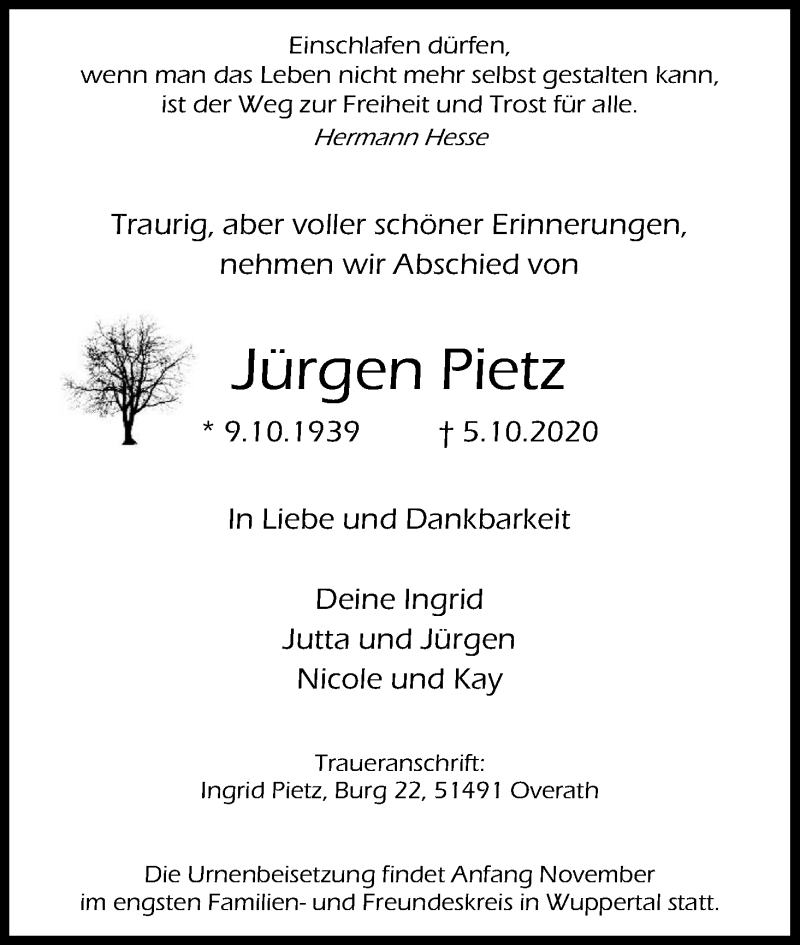  Traueranzeige für Jürgen Pietz vom 10.10.2020 aus Kölner Stadt-Anzeiger / Kölnische Rundschau / Express
