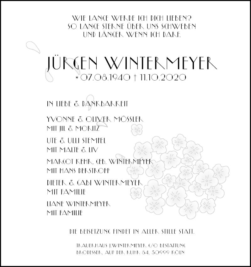  Traueranzeige für Jürgen Wintermeyer vom 24.10.2020 aus Kölner Stadt-Anzeiger / Kölnische Rundschau / Express