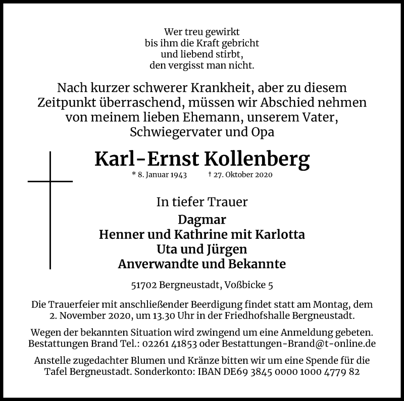  Traueranzeige für Karl-Ernst Kollenberg vom 31.10.2020 aus Kölner Stadt-Anzeiger / Kölnische Rundschau / Express